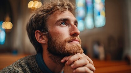 A bearded man at prayer inside a church, demonstrating peace and quiet contemplation.