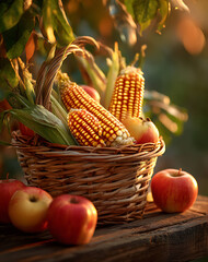 Harvest Basket With Ripe Corn And Apples In Warm Sunlight Outdoors