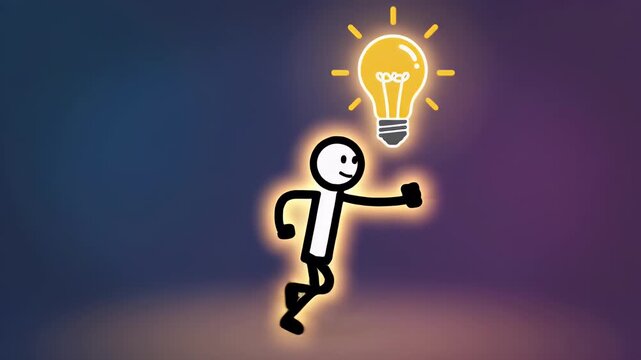 Stickman Figure Gets Bright Idea With Glowing Lightbulb Overhead Animated Character Displaying Innovation and Creativity