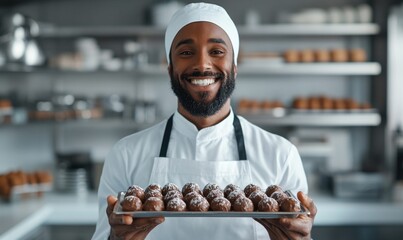 A happy chef proudly showing off a tray of chocolate truffles in a commercial kitchen setting.