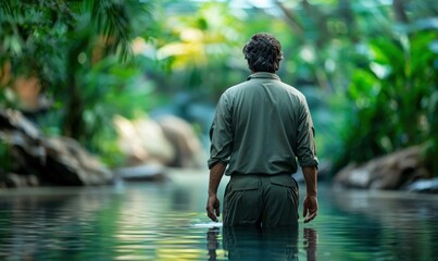 A man explores a tropical jungle, standing in the water with lush green surroundings.