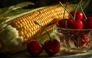 Still Life Corn And Cherries In A Crystal Bowl With Dramatic Lighting