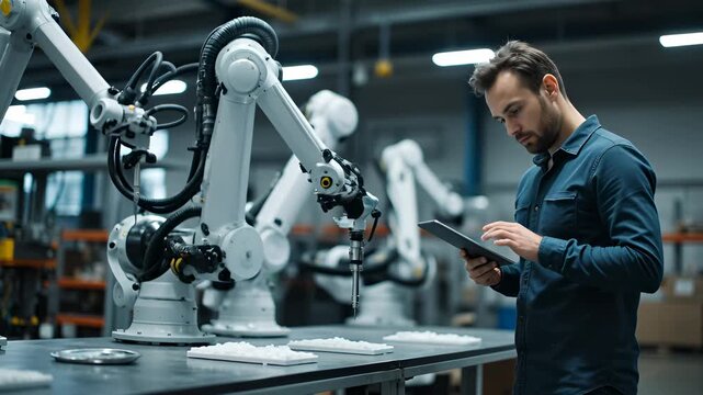 Focused Technician Using Tablet in Modern Factory with Robotic Arms Engaged in Automated Production Process for Industry 4.0 Innovation