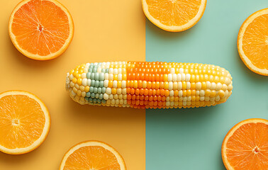 Sweet Corn and Orange Halves arranged on a Split Yellow and Teal Background Top View