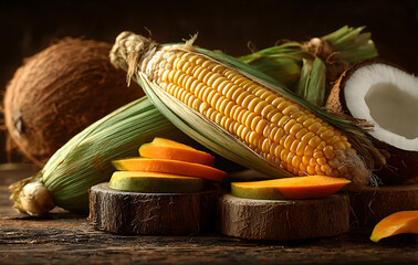 Tropical Harvest Corn Coconut Mango Slices Ripe Yellow Kernels Green Husks Dark Wooden Surface