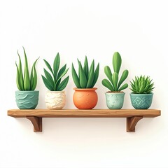 Obraz premium Five potted green succulents stand in decorative pots on a wooden shelf against a white background. Plants include aloe, agave, and other varieties.