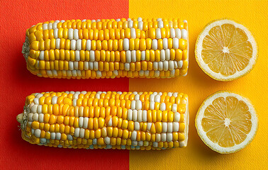 Two Ears Of Corn And Two Slices Of Lemon On A Red And Yellow Background Close Up