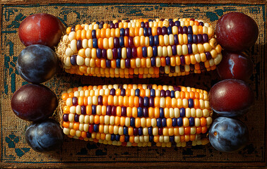 Two ears of colorful Indian corn with ripe plums arranged on a decorative textured surface
