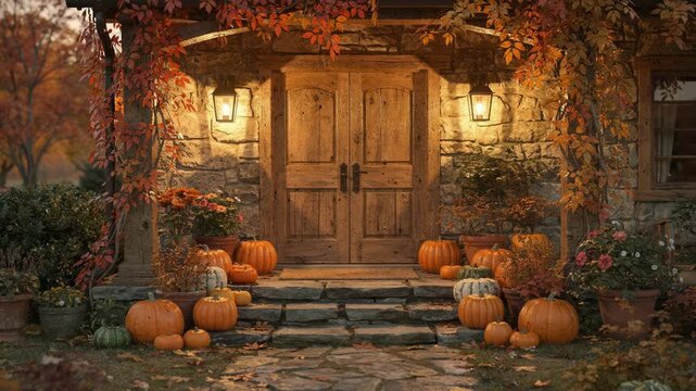 Cozy inn entrance adorned with vibrant autumn leaves and pumpkins main doorway sharply focused while surrounding garden fades softly into the background.
