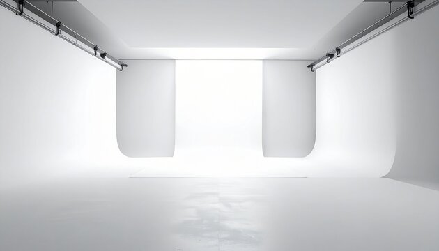 Professional photography studio with white seamless paper background and soft lighting