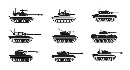 Collection of nine black military tank silhouettes on white background. © Sandal