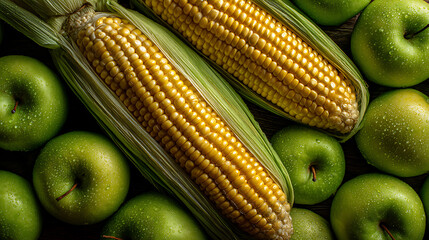 Two Ripe Corn Cob Surrounded By Bright Green Apples With Glitter And Water Droplets On A Wooden Surface
