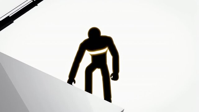 Animated Black Stickman Climbing Textured Rock Against Bright White Background With Orange Accent
