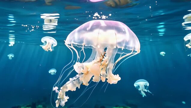 Underwater scene of floating jellyfish in clear blue water