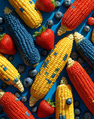 Vibrant Assortment Of Fresh Corn Strawberries And Blueberries On A Bright Blue Surface Overhead View