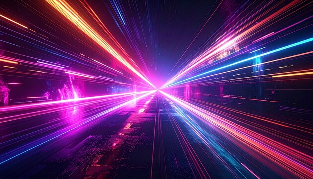 Vibrant neon light trails radiating from a central point in a dark space