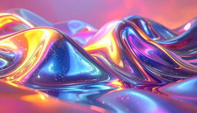 Vibrant iridescent liquid shapes with holographic reflections on a colorful background
