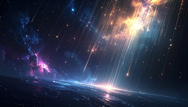 Vibrant cosmic background with radiant beams of light and colorful nebulae in space