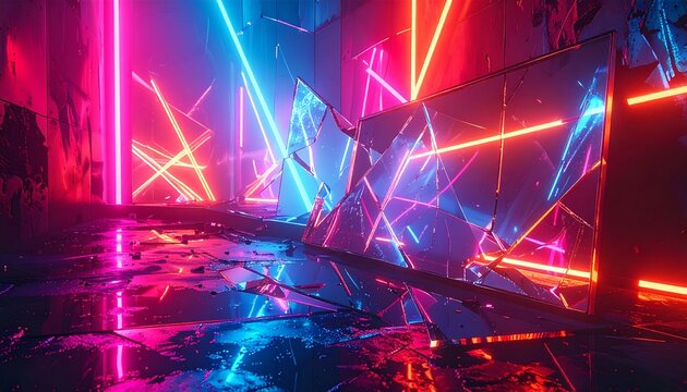 Futuristic neon-lit room with shattered mirror and vibrant background reflections