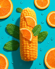 Vibrant Close up of Corn Cob with Sliced Oranges and Mint Leaves on Turquoise Background