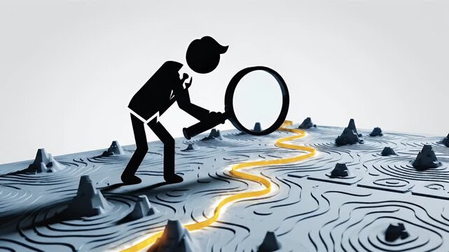 Black Stickman Figure In Suit Examining Yellow Path On Topographic Map With Magnifying Glass