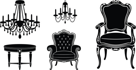 Elegant vintage furniture and chandelier silhouette set, classic armchairs, ornate table and decorative lighting vector illustration isolated on white background
