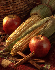 Vibrant Harvest Still Life Featuring Ripe Red Apples Corn Cob and Cinnamon Sticks on Textured Background