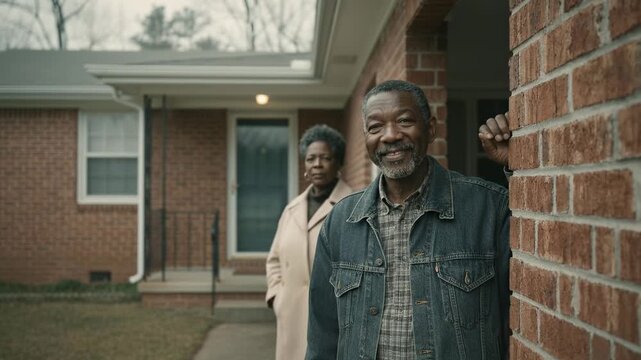 African American senior couple standing outdoors. Mature man leans against brick wall. Woman watching thoughtfully. Comfort, home, family, retirement life. Peaceful suburban scene.