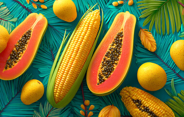 Vibrant Still Life Arrangement of Ripe Papaya Halves and Golden Corn Kernels Against Teal Foliage Background