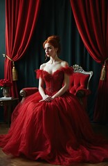 Fototapeta premium Red haired woman in Victorian ballgown sits in ornate chair. Crimson dress with full skirt cascades over floor. Dark background contrasts luxurious red fabric. Elegant pose indoors.