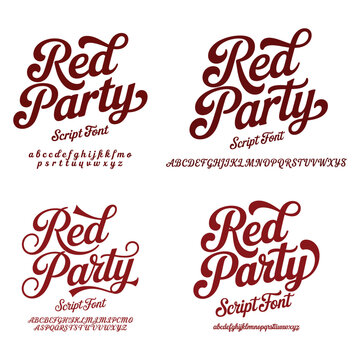 Red Party script font with alphabet examples typography