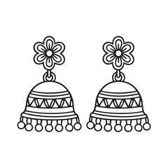 jhumka pair traditional indian ethnic earrings design detailed black and white line art illustration of bell shaped jhumka with floral stud tops