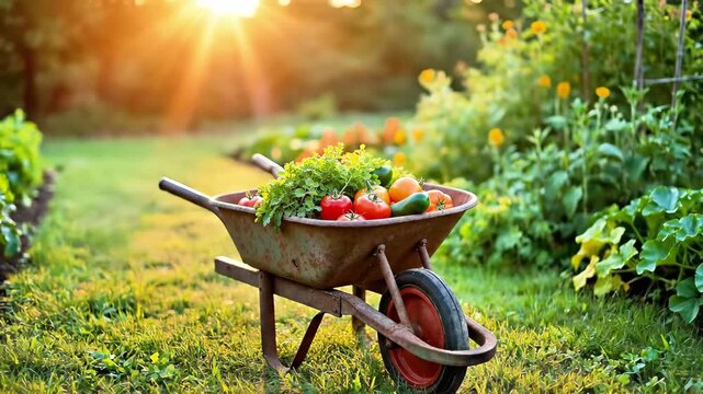 Rustic wheelbarrow full of fresh organic vegetables in a sunlit garden setting with lush green foliage.