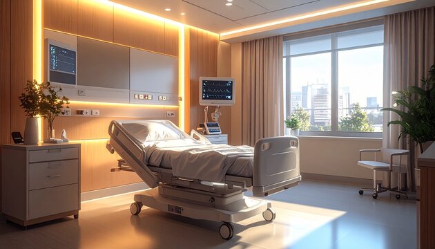 Modern hospital room with adjustable bed and medical equipment near large window
