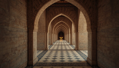 Fototapeta premium Long corridor with arches and checkered floor inside
