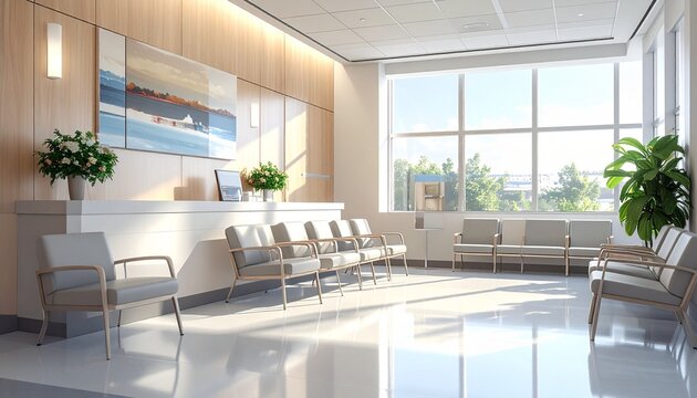Modern medical waiting room with comfortable seating and large windows