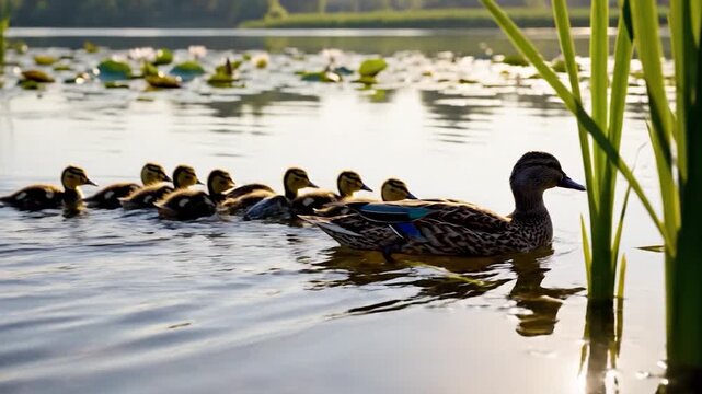 A mother duck leads her adorable ducklings in a serene line across the calm