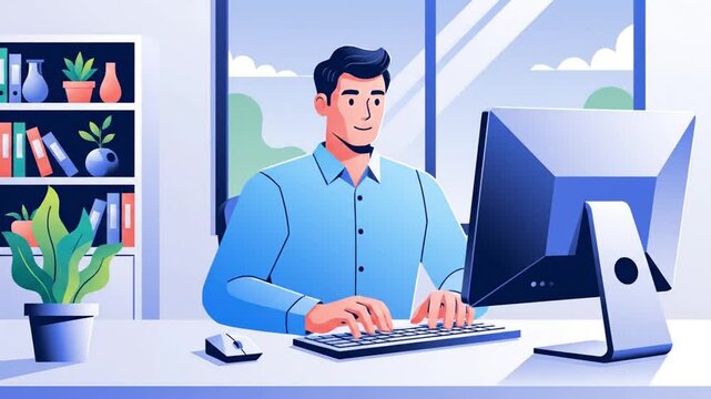 Flat 2D animation of a neatly dressed professional man wearing clean button up shirt sitting at modern office desk working on desktop computer calm typing motion with occasional mouse movement seamles