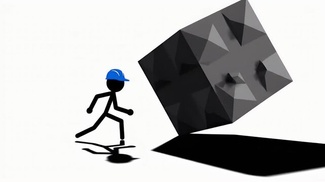 Stickman Character Running From Large Geometric Cube With Blue Hard Hat On White Isolated Background