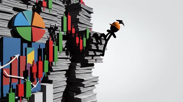 Stickman Miner Digging Through Financial Data Mountain with Candlestick Charts and Pie Graph in a White Background