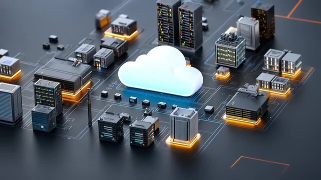 Cloud computing infrastructure with data centers and buildings connected by glowing lines