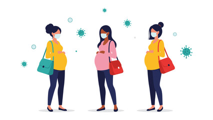 Fototapeta premium Three pregnant women of different ethnicities wearing face masks for protection against viruses during a pregnancy health awareness campaign.