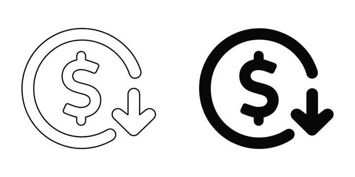 Cost Reduction Icon Vector Depicting Dollar Decrease, Declining Profit Symbol and Cost Saving Concept