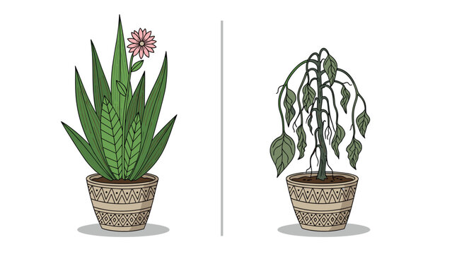 Comparison of a healthy blooming potted plant and a withered dying plant, illustrating the importance of proper plant care and watering.