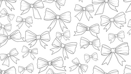 Fototapeta premium Feminine seamless pattern of hand drawn ribbon bows on a white background, ideal for elegant gift wrapping, fashion, and baby shower decor.