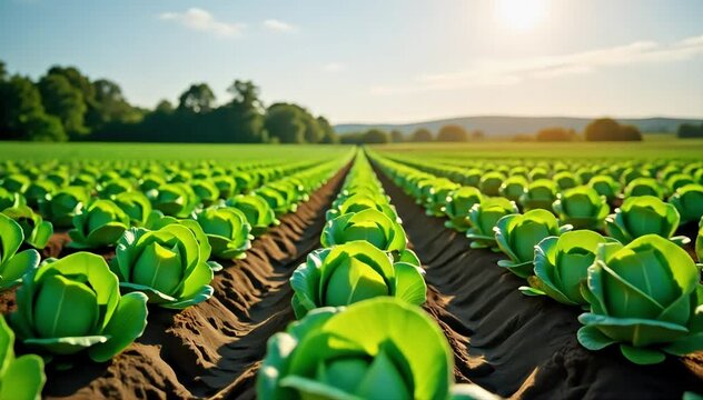 A farm field with rows of cabbage plants under sunny skies and bright daylight 