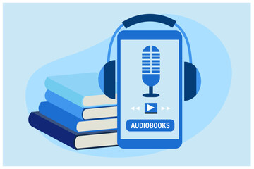 Audiobooks concept. Online application to listen in digital audiobooks and podcasts vector illustration