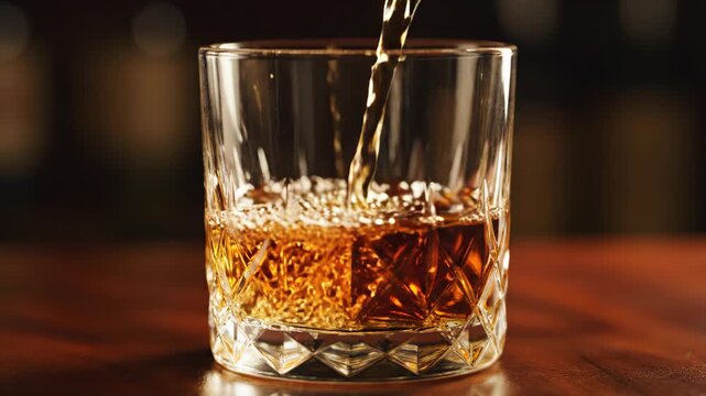 Amber liquid being poured into a crystal glass with ice cubes.