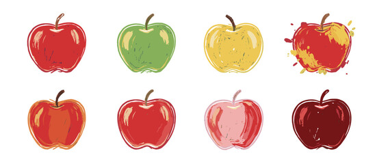 A collection of eight stylized apples in various colors and artistic styles, including red, green, yellow, pink, and dark red.