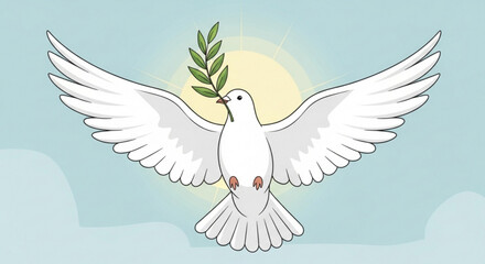 Obraz premium A white dove flying with olive branch in beak towards sunny sky with clouds symbolizing peace and freedom in a serene natural environment